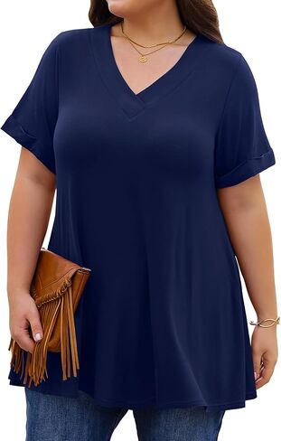 LARACE Women Plus Size Summer Tops Cuffed Short Sleeve Women's V Neck Tunics T-Shirts Blouses Clothes to Wear with Leggings in Kuwait