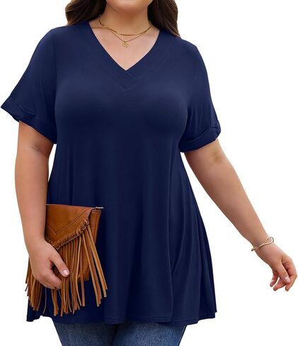LARACE Women Plus Size Summer Tops Cuffed Short Sleeve Women's V Neck Tunics T-Shirts Blouses Clothes to Wear with Leggings in Kuwait