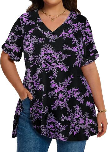 LARACE Women Plus Size Summer Tops Cuffed Short Sleeve Women's V Neck Tunics T-Shirts Blouses Clothes to Wear with Leggings in Kuwait