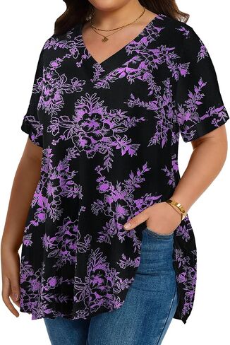 LARACE Women Plus Size Summer Tops Cuffed Short Sleeve Women's V Neck Tunics T-Shirts Blouses Clothes to Wear with Leggings in Kuwait