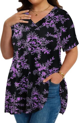 LARACE Women Plus Size Summer Tops Cuffed Short Sleeve Women's V Neck Tunics T-Shirts Blouses Clothes to Wear with Leggings in Kuwait