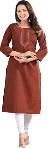 Ramkudi Womens Plain Cotton Kurti Top | Straight Fit Round Neck Kurta | 3/4 Sleeves Tunic Top | Casual Indian Kurti for Women in Kuwait