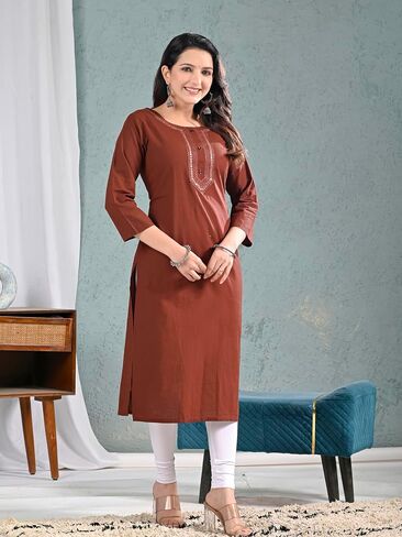 Ramkudi Womens Plain Cotton Kurti Top | Straight Fit Round Neck Kurta | 3/4 Sleeves Tunic Top | Casual Indian Kurti for Women in Kuwait