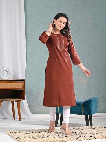 Ramkudi Womens Plain Cotton Kurti Top | Straight Fit Round Neck Kurta | 3/4 Sleeves Tunic Top | Casual Indian Kurti for Women in Kuwait