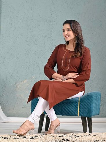 Ramkudi Womens Plain Cotton Kurti Top | Straight Fit Round Neck Kurta | 3/4 Sleeves Tunic Top | Casual Indian Kurti for Women in Kuwait