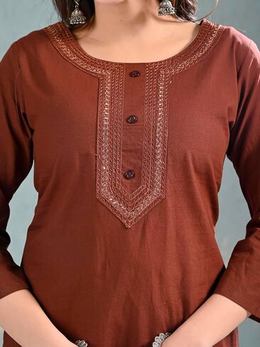 Ramkudi Womens Plain Cotton Kurti Top | Straight Fit Round Neck Kurta | 3/4 Sleeves Tunic Top | Casual Indian Kurti for Women in Kuwait