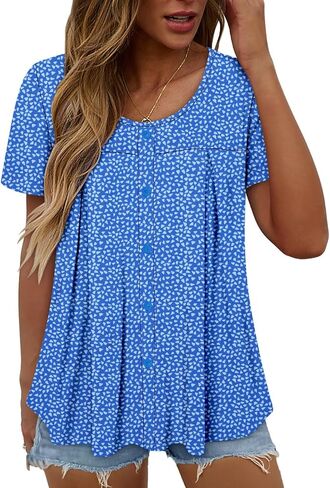 Magritta Women's T Shirts Trendy Fitted Pleated Front Summer Blouses Casual Buttons Round Neck Short Sleeve Tunic Tops in Saudi Arabia