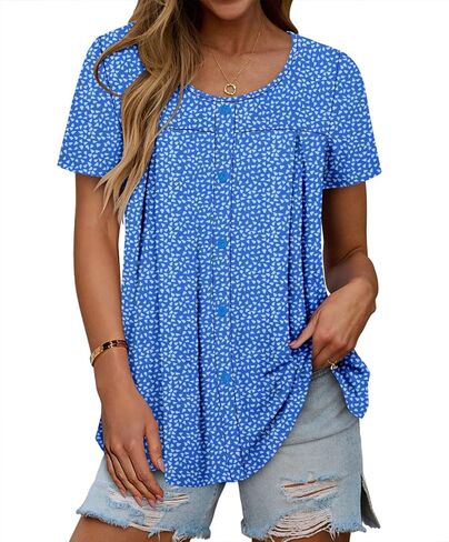 Magritta Women's T Shirts Trendy Fitted Pleated Front Summer Blouses Casual Buttons Round Neck Short Sleeve Tunic Tops in Saudi Arabia