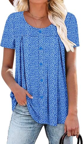 Magritta Women's T Shirts Trendy Fitted Pleated Front Summer Blouses Casual Buttons Round Neck Short Sleeve Tunic Tops in Saudi Arabia