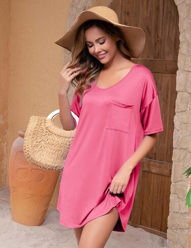 3 حزمة ثوب نوم للنساء فضفاضة ملابس النوم قصيرة الأكمام tshirt ثوب الليل v الرقبة مع جيب الصدر in Kuwait