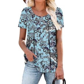 Magritta Women's T Shirts Trendy Fitted Pleated Front Summer Blouses Casual Buttons Round Neck Short Sleeve Tunic Tops