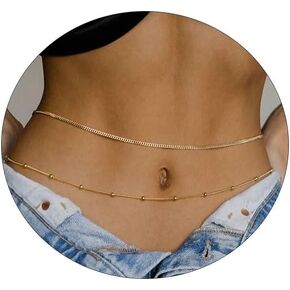 Body Chain 2PCS 14K Gold Plated Dainty Boho Waist Bead Chain Layered Cuban Beach Belly Chain Adjustable Bikini Satellite Bead Body Jewelry for Women Sexy Gift