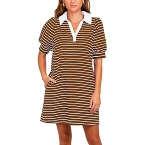 Yousify Women's Summer Lapel Collared V Neck Striped Dress Casual Puff Short Sleeve Polo Tshirt Dresses with Pockets