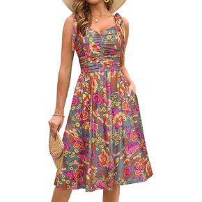 Kranda Women 2025 Summer Casual Spaghetti Strap Sundress V Neck Sleeveless Flowy Boho Floral Midi Dress with Pockets