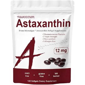 حبوب دباغة Astaxanthin 12mg ، فيتامينات الجلد الثلاثي للقوة للنساء المصابات بمضادات الأكسدة ، يدعم ملحق الصحة الداخلية لمفصل العين (120 ناعمة)