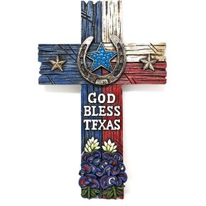 Bestgiftever God Grod Gorns Texas Faux Wooden Cross - ديكور جدار ريفي مع حدوة الحصان ، و Lone Star ، و Bluebonnets - النحت الروحية يسوع الفنية لعشاق ديكور المنازل في تكساس - هدية مثالية للموضوعات المستوحاة من تكساس