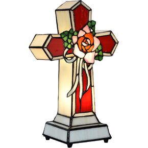 Bieye L10935 Rose Cross Tiffany على طراز الزجاج الملون ، مصباح الجدول مصباح الليل للديكور المنزلي ، الأحمر