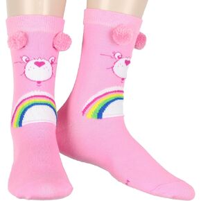 Mad Engine Care Bears Socks Women's Cheer Bear و Belly Badge Design Pom-Pom Mid-Calf Junior's Crew Sights Size 9-11
