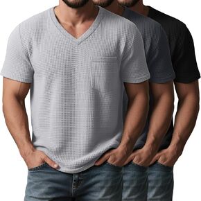 Huukeay 3 Pack Men's Big and Tall Short Sleeve Shirt Waffle V Neck Tops Summer Work Casual Tees with Pocket