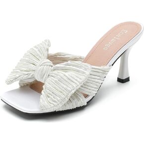 Women's Bow Knot Heeled Sandals Open Toe Low Kitten Heels Mules Sandals Slip On Pleated Wedding Bridal Party Dress Shoes