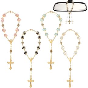 4Pcs Car Pendant Rosary Beads Catholic, Cross Car Rearview Mirror Hanging Ornament Auto Interior and Home Decoration Accessories Pearls Baptism Rosary Bracelet Car Hanging Accessories Interior Decors