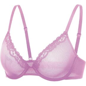 DOBREVA Women's Mesh Balconette Bra Sheer Demi Underwire Unlined Sexy Plus Size Plunge Bras Lace Trim