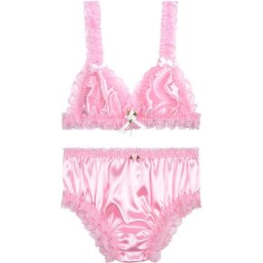 ساتيني ساتان الساتان الدانتيل الفرنسي الفريدة سبيس ملخصات سراويل داخلية و Bralette Bra Bundle (Baby Pink ، XXL)