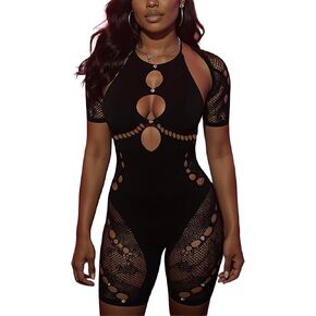 Women's Sexy Club Short Jumpsuit Mesh Halter Neck Hollow Perspective Rhinestone Slim Fit Stretch High Waist Lace Romper