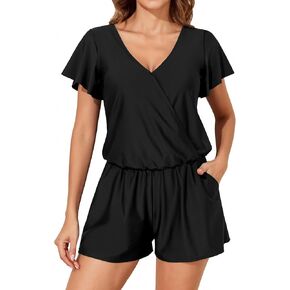 Smismivo Romper Swimsuits with Built in Bra and Pockets for Women Modest One Piece Swim Suit Shorts 2025 Boyleg Swimwear