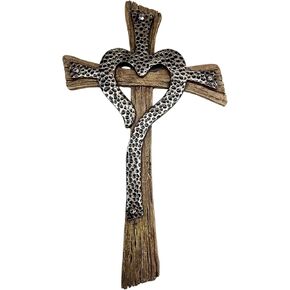 Rustic Resin Heart Cross Wall Decor – 12 1/2" Faux Wood and Hammered Metal Look Religious Wall Cross – Christian Home Decor Symbolizing Love and Faith – Farmhouse Style Wall Hanging Jesus Art Sculpture