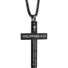Cross Pendant for Car Rear View Mirror Stainless Steel Lord's Prayer Cross Amulet Jewelry Men Christian Gift, Black
