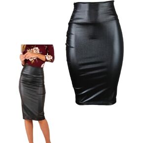 Women PU Skirt, High Waist Bodycon Pencil Midi Skirt, Black Work Office Mini Skirt, Casual Slim Midi Hip Skirt