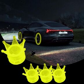 4PCS Luminous Crown Car Tire Valve Stem Caps, Fluorescent Car Wheel Valve Cover, Illuminated Tire Valve Cover Glow in The Dark, Car Decor Accessories for Car SUV Motorcycle Truck (Yellow)