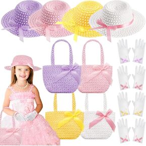 Tradder 12 Pcs Girls Tea Party Hats Accessories Tea Fascinators Hats Gloves and Handbags Favors for Dress Costumes Party(Bright Color)