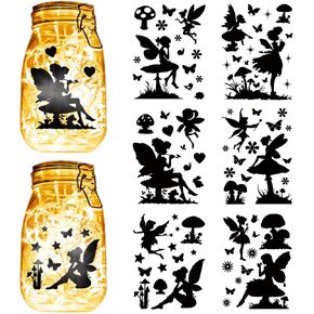 CREATCABIN 6 Sheets Christmas Fairy Mason Jar Decor Jar Sticker PVC Cutout Silhouettes Making Camping Decoration Scrapbook Ornaments Adhesive Waterproof for Glass Jar Lamp Diary Black 7.8x5.9 Inch