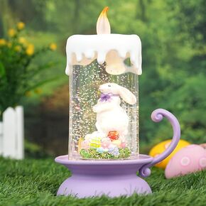 Spring Easter Decor Lighted Bunny Snow Globe with LED Flameless Candle, Glitter Lantern, USB & Battery Operated Easter Decorations for Home