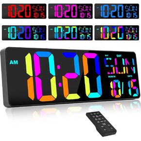 XREXS Large Digital Wall Clock with Remote Control, 17 Inch LED Large Display Count Up & Down Timer, Adjustable Brightness RGB Color Changing Clock Alarm Clock for Home, Gym, Office and Classroom