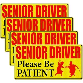 4PCS Senior Driver Magnet for Car, Reflective Elderly Driver Please Go Around Magnetic Bumper Sticker, Removable Weather-Resistant Senior Driver Safety Warning Sign Decal