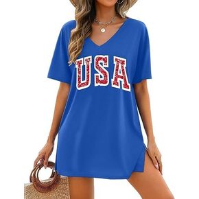 LYEIAO Women American Flag Dresses Patriotic USA Flag Tees Shirt 4th of July V Neck Beach Swimsuit Coverup
