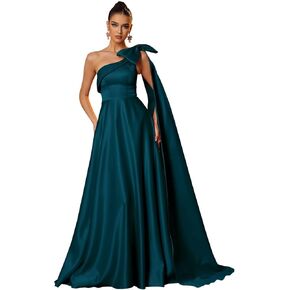 VOfuter One Shoulder Satin Prom Dresses Long Strapless Formal Evening Party Gown Elegant Bow Tied Ball Gown with Wing