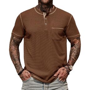 Mens Henley Shirts Casual Waffle Stretch Summer T-Shirt with Pocket (S-XXL) in Kuwait