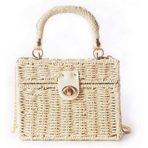 Handwoven Rattan vintage purse Bag Natural Chic Casual Handbag Beach Sea tote Basket Straw vacation Bag (Beige)