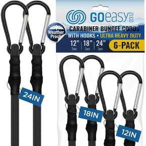 GOEASY0312 Carabiner Bungee Cords with Hooks Heavy Duty - 12", 18", 24" UV Resistant Black Bungee Cords with Carabiner Hooks for Outdoors, 200 LBS Max Break Strength - 6PCS