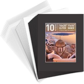 Golden State Art، حزمة من 10 سجادات صور سوداء مقاس 16 × 20 غير لامعة مع قطع مشطوفة بيضاء اللون للصور مقاس 11 × 14 + دعامة + حقائب