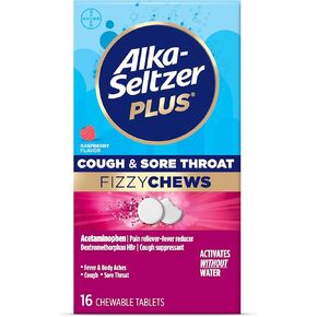Alka-seltzer Plus Cough & Sore Throat Fizzy Chews, No Water Needed, On The Go Sore Throat Relief for Adults, Raspberry Flavor, 16 Count