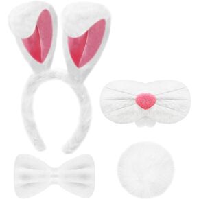 Easter Bunny Costume Adult - Easter Bunny Ears Headband Bunny Tail Bowtie Nose Easter Accessories Set for Women, Rabbit Ears Dress Up Party Supplies (White and Pink)