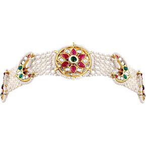 Aheli Gold Plated White Kundan & Beads Studded Mathapatti Sheeshpatti Hair Accessories Traditional Jewellery Gift for Women