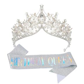 AOPRIE Birthday Queen Sash Headbands for Women & Girls, Silver Metal & Rhinestone Tiara Set, 2 Pack