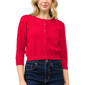 Women's Cropped Cardigan 3/4 Sleeve Crewneck Button Up Sweater Knit Top (S~XL)
