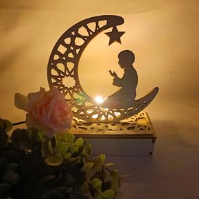 KYMY Ramadan Eid Crafts Night Light,Moon Star LED Wooden Lights for Eid Mubarak Decorations,Muslim Night Light Lantern Crafts Ornaments for Eid al-Fitr,Eid al-Adha,Eid Mubarak Party Decor